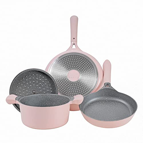 AKIS LE MACARON Pfannenset 4-Teilig, Bratpfanne 24/28cm Topf 20cm mit Deckel aus Aluminium Pastellrosa Induktion geeignet