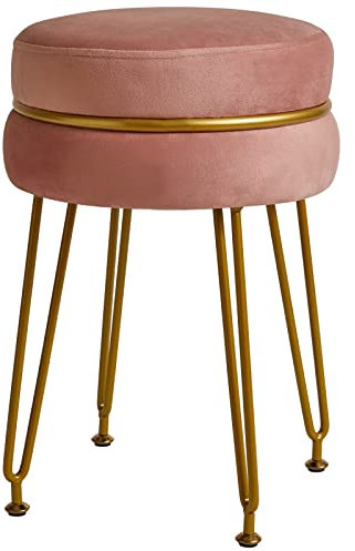 IBUYKE Modern Velvet Round Footstool, Vanity Chair for Makeup Room, Vanity Stool Foot Rest with Gold Legs, Modern Accent Stools for Bedroom, Living Room, Entryway, Offices, Pink L/G-40P