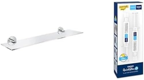 GROHE Start - Glasablage (Stichmaß 380mm, Material: Glas/Metall, verdeckte Befestigung, langlebig),chrom, 41202000 + Kleber für Badaccessoires