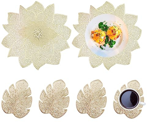 Spldsun Set of 6 Tischset Rund und Untersetzer, Ausgehöhlte Runde Tischsets, Leaf Untersetzer, Platzset Rund PVC, für rutschfeste, Kratzfeste, Dekorative Tische (Gold)