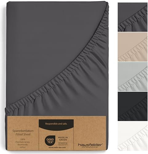 Hausfelder Topper Boxspringbett Spannbettlaken 180x200 bis 200x200cm, bis 15 cm Matratzenhöhe, Jersey Baumwolle, Bettlaken für 180 x 200 cm bis 200 x 20cm Boxspringbetten, Anthrazit-Schwarz