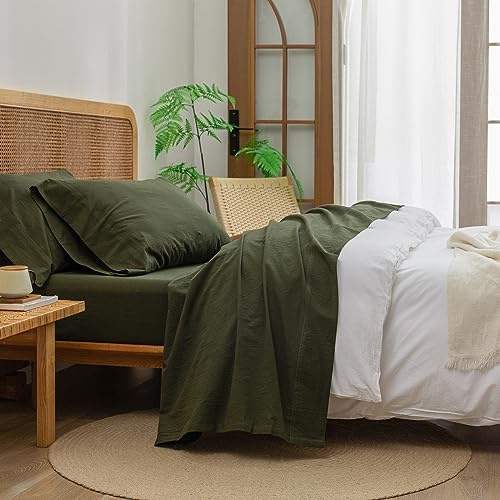 BESTOUCH Set di lenzuola 100% cotone lavato lino sensazione super morbido confortevole chic leggero 4 pezzi set di biancheria da letto per la casa tinta unita verde oliva queen