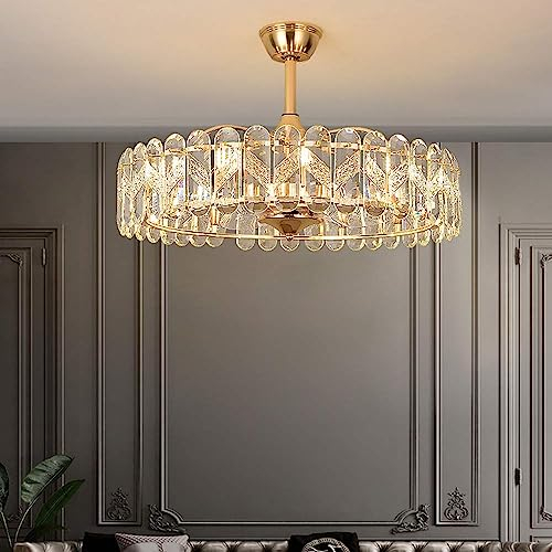 USMJQVZ Ceiling Fans With Lights And Remote,Gold Round Crystal Ceiling Fan With Light, Flush Mount Ceiling Fan, Enclosed Ceiling Fans For Bedroom Living Room 6 Speeds