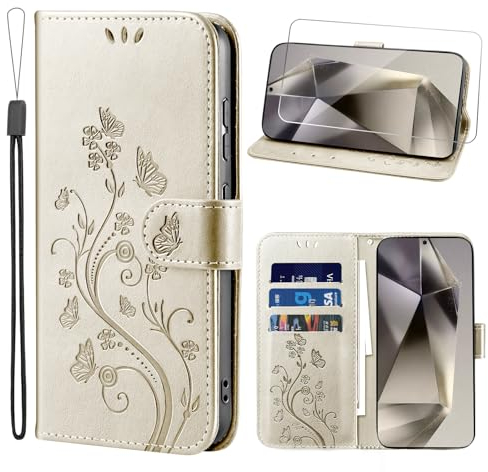 Ciciber Ttusy Handyhülle für Samsung Galaxy S24 Ultra Hülle Premium PU Leder, Klappbar Schutzhülle und Schutzfolie, Flip Wallet Case stoßfest Tasche mit Kartenfach Klapphülle Motiv, Gold