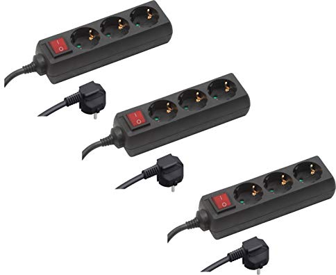 Meister Steckdosenleiste 3-fach-3er-Set-1,4 m Kabel-schwarz-Kunststoffleitung-IP20 Innenbereich-Schalter/Steckerleiste/Mehrfachsteckdose/Tischsteckdose/Tido 3-Fach / 7430600, 250 V, schwarz