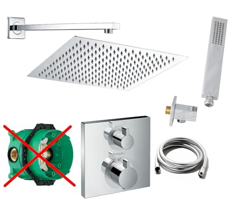 vanvilla Duschsystem mit Unterputz Duscharmatur von Hansgrohe Ecostat Square Thermostat und vanvilla Regendusche mit Armatur mit Thermostat, Duschkopf eckig, Dusch-SET HG35-ob poliert
