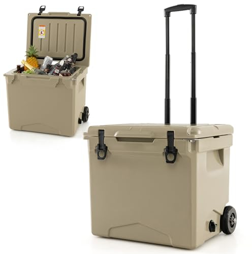 COSTWAY 40L Insulated Cooler Box, Mobile Ice Chest Box with Wheels, Aluminum Pull Handle, Bottle Opener, Ruler & Cup Holders, Portable Rotomolded Cooler for Camping, Fishing & Beach (Tan)