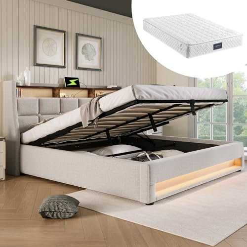 Polsterbett 140x200 cm, Doppelbett mit Stauraum und Lattenrost, LED Kopfteil mit Staufach und USB Ladefunktion, Hydraulisch Stauraumbett Funktionsbetten Rückenlehne Bettgestell, Mit Matratze, Beige