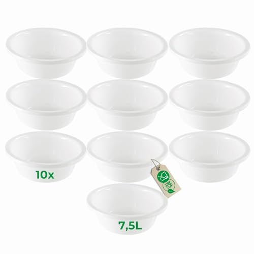 Novaliv Lot de 10 bols à vaisselle ronds 7,5 l, diamètre 36 cm, blanc, sans BPA et passent au lave-vaisselle ? Idéal pour la cuisine et le camping, bol rond, grand bol en plastique, bol à pâte