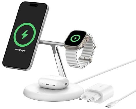 Belkin soporte de carga inalámbrica 3 en 1 con MagSafe, cargador magnético Qi2 de 15 W, carga rápida para iPhone 16, 15, 14 y 13, AirPods, Apple Watch y otros (fuente de alimentación incluida), blanco