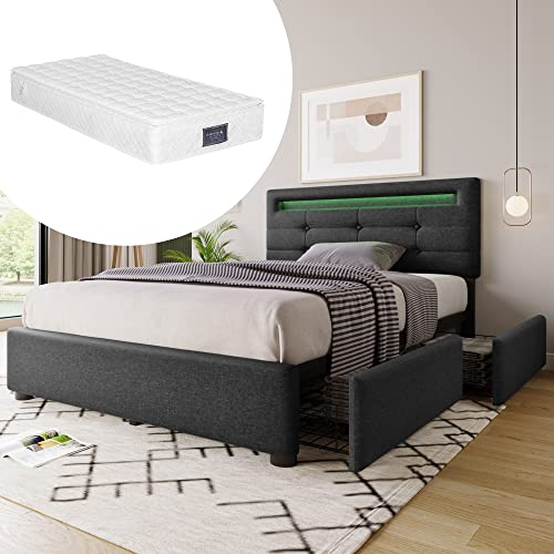 Polsterbett 90x200, LED Einzelbett mit 2 Schubladen und verstellbarem Kopfteil, Bett Jugendbett Stauraumbett Funktionsbett Rückenlehne Bettgestell mit Holz Lattenrost, Leinen, Grau, Mit Matratze