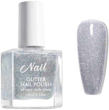 Glitter Nail Polish - Silver Nail Varnish Quick Dry - Sparkly Shimmer Nail Varnish - Long Lasting Breathable Nail Polish Nail Art Starter Manicure Salon DIY at Home