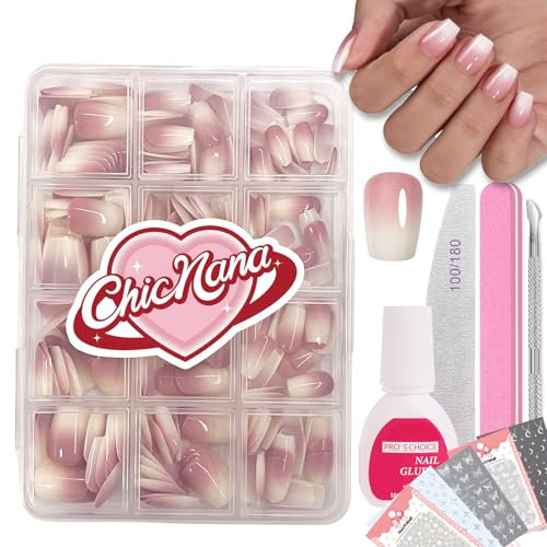 ChicNana False Nails Kit, 240Pcs Gradient Pink Press On Nails with Glue and Stickers, Short Coffin Fake Nail 12 Sizes Stick On Nails Gift for Women Girls (05-Short Coffin, 240pcs)