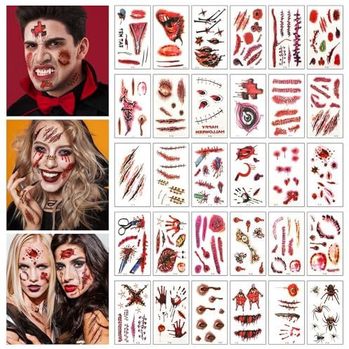 30 Blätter Halloween Tattoo Gesicht, Halloween Tattoo Narben Aufkleber, Temporäre Tattoos, Halloween Scars Realistische Aufkleber, Gefälschten Scab Blut Kratzern Tattoo für Karneval,Party