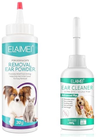 Ear Cleaner Set for Dogs and Cats – Ear Cleaning Liquid and Ear Powder Combo for Pet Ear Clean, Reduces Wax Buildup, Prevents Infections, Safe for Sensitive Ears