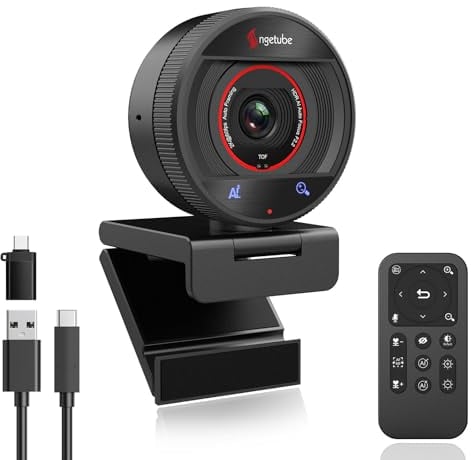 Angetube Cámara Web 2K@60FPS con Seguimiento AI, cámara para PC con micrófonos estéreo, Control Remoto, Zoom Digital 8X, Cubierta magnética para la cámara, autofocus TOF, USB3.0 para Streaming