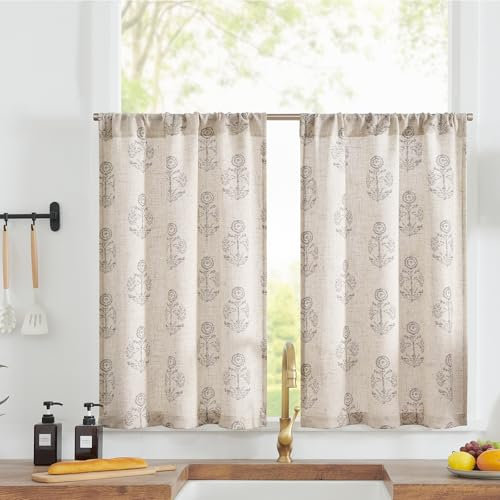 TOPICK Floral Küchengardinen Schiebevorhänge Licht Filter Kurze Fenster Vorhänge Französisch Bauernhaus Leinenoptik Kleine Fenster Bistrogardine für Wohnzimmer Küche 65B x 90H(cm) 2 Platten Grau