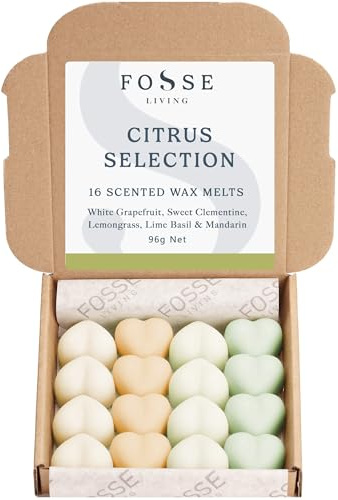 Fosse Living Citrus Selection Soy Wax Melts 16 Pack | White Grapefruit, Sweet Clementine, Lemongrass & Lime Basil Mandarin | Natural, Vegan & Plastic Free | Up to 96 Hrs Scent | Handmade in UK