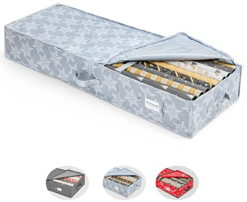 BRANTMAKER Geschenkpapier Aufbewahrung(103 * 35 * 15cm),Groß Geschenkpapier Organizer mit Oxford-Gewebe für Geschenkpapierrollen Zubehör,Grau und Weiße Schneeflocke