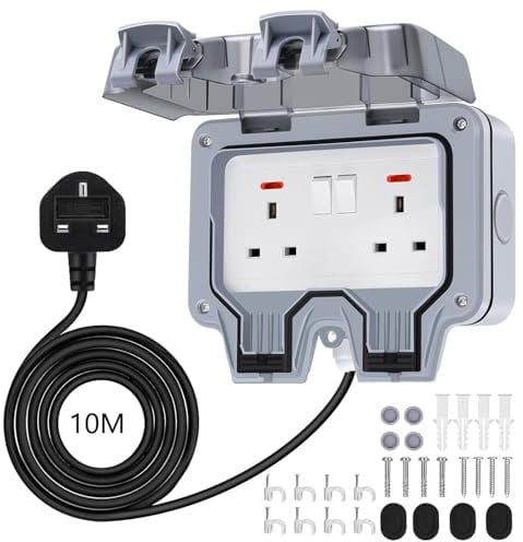 Demoyaya Weatherproof Outdoor Socket 10M Extension Lead, Double Socket Box Waterproof with Cable, Outlet IP66 13AMP 2 Gang Power Socket, Wall Electrical Outlet Socket Box for Garden Garage Yard