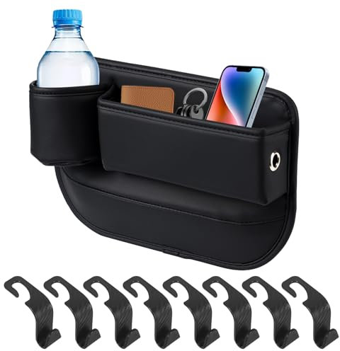 Seitentaschen Organizer mit Kabelloch, Auto Leder Getränkehalter Lückentasche, Lückenfüller für Autositze mit USB Ladeloch, Schwarz Autositze Lagerung Tasche mit 8 Haken für Telefon Schlüssel Brille