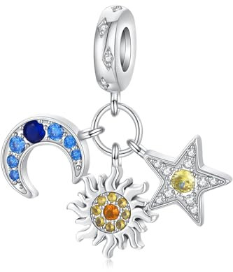 Alstiva Mond, Sonne & Stern Charm-Anhänger 925 Sterling Silber 5A Zirkonia Charm Anhänger für Armband Charm Bead Pendant für Europäische Armbänder Halsketten Schmuck Geschenk für Frauen Freundin Damen