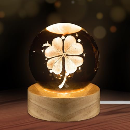 Bola de Cristal 3D, Luz nocturna de bola de cristal Clover, 6cm lámpara de noche con base de madera, decoración de fantasía, luz nocturna, regalo