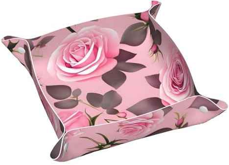 Joli plateau en cuir avec roses roses - Rangement pratique pour table de chevet - Table de chevet - Utilisation à la maison et au bureau
