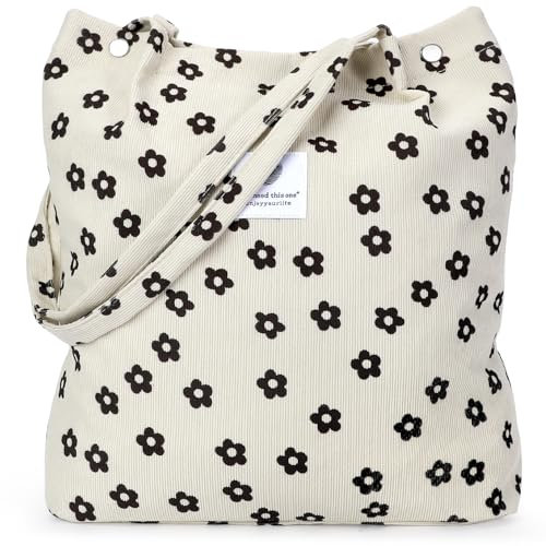 LHMTQVK Tragetasche für Damen und Mädchen, große Kapazität, Kordsamt, wiederverwendbar, Lebensmittel-Schultertasche mit Innentaschen, Kleine schwarze Blume, Large, Kleine schwarze Blume