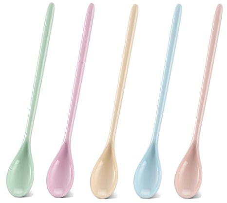 Plastik Löffel 5 Stück Farbe Plastiklöffel Lang Eierlöffel Kunststoff Marmeladenlöffel, Anti Tropfen Langer Griff Löffel, Dessertlöffel, Eislöffel Plastik, Teelöffel Langer Stiel
