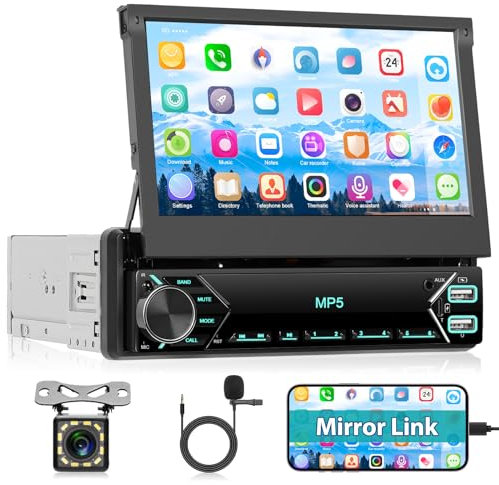 Autoradio Motorsi 7'' avec écran Tactile HD rétractable Manuel, Bluetooth, 1 DIN, Compatible iPhone et Android, Mirror Link, USB, SWC, Radio FM, AUX, TF, caméra de recul et Micro.