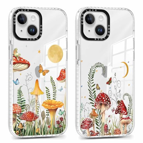 Phoona 2 Pack Transparent Butterfly Mushroom Phone Case for iPhone 14/iPhone 13 6.1, with Aesthetics Pattern Design Ultrathin Soft Silicone Cases,Shockproof Bumper Protector Matte Girls Cover