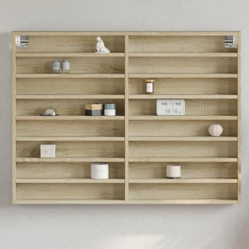 HaoChrymec Vitrinenschrank mit 10 Ablagen, Holzwerkstoff, Sonoma-Eiche, Schaukasten Vitrine für Modellautos, Display Case für Wohnzimmer, 100 x 8,5 x 75 cm