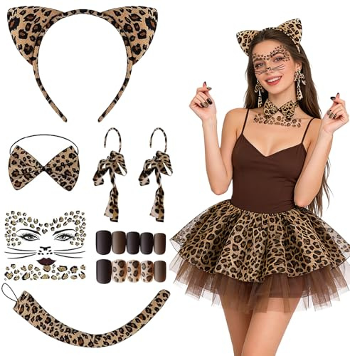 Leoparden Kostüm Damen, 6 Stück Leoparden Ohren Haarreif Leopard Ohren Kopfschmuck Karneval Kostüm Accessorie, Leopardenohren Haarreif Schwanz Ohrringe Tier Outfit Damen Karneval Fasching Mottoparty