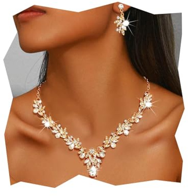 Handcess Braut Hochzeit Schmuck Set Strass Halskette Ohrringe Sets funkelnde Braut Halskette Schmuck für Frauen (Gold)