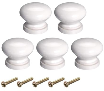 TOP-VIGOR 5Pcs Round Wooden Knobs, 28mm White Drawer Pull Handles with Screws, Solid Wood Cabinet Cupboard Wardrobe Furniture Knobs with Painted Finish for Dressers and Tables