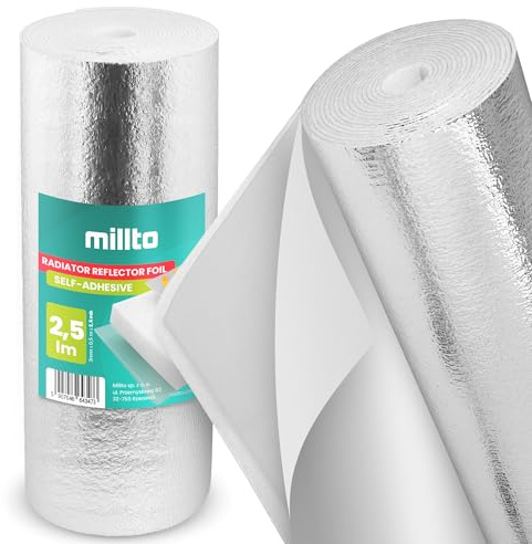 Millto Heizkörper Reflexionsfolie Selbstklebend 3 mm x 0,5 m x 2,5 m Isolierfolie Wandisolierung Reflexionsplatte Reflektionsfolie Isoliermatten Thermomatte Alufolie Dämmfolie Isolierung