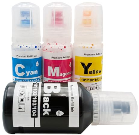 OBV 104 Nachfülltinte kompatibel zu Epson EcoTank ET-14100 ET-1810 ET-2710 ET-2711 ET-2712 ET-2714 ET-2715 ET-2720 ET-2726 ET-2750 ET-2810 ET-4700 ca. 7500 Seiten Multipack BK/C/M/Y