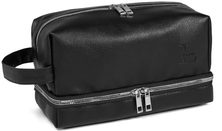 Gloppie Trousse de Toilette Homme Femme Imperméable, Sac de Toilette en Cuir PU avec Double Compartiment, Fermeture Éclair Solide, Format Compact pour Voyage, Noir