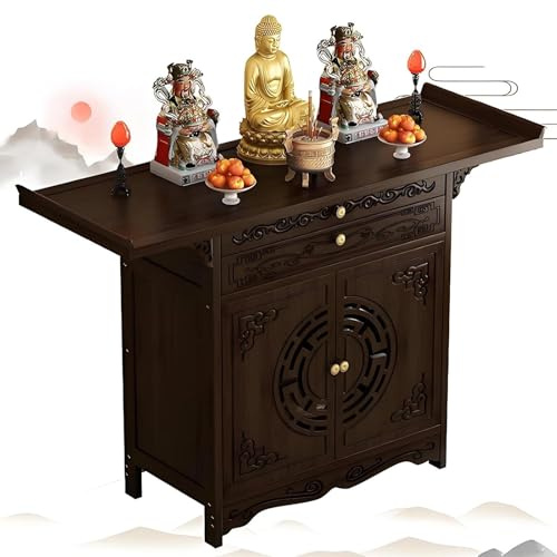 AZQOHMIS Meditationstisch mit Schranktür, Altartisch, Tempelschrank für die Haus-Pooja, L 26 31,5 39,4 47,2 B 15,7 H 39,4 Spiritueller Ständer/Altarschrank (Walnuss, L 26 Zoll)