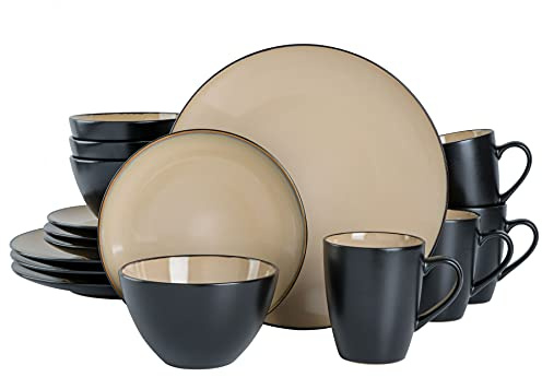 Gibson Elite Soho Lounge Geschirr-Set, rund, reaktiver Glasur, Steingut, Service für 4 Personen (16-teilig), Taupe