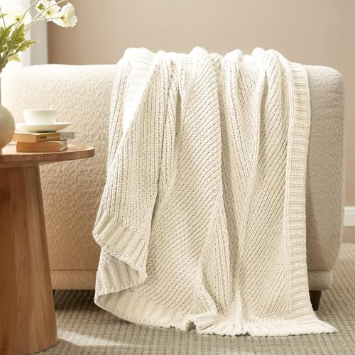 Amélie Home Chenille Knit Throw Blanket for Couch, Ivory, 50x60