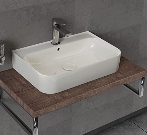 Aqua Bagno | Eckiges Aufsatzwaschbecken weiß glänzend, Keramikwaschbecken, Waschschale, Handwaschbecken | 70 cm breit