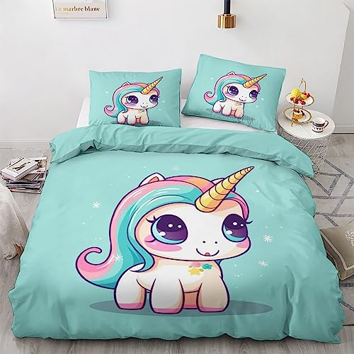 Sommer Bettwäsche 155x220 Einhorn - Cartoon Bettbezug, Bettwäsche-Sets 3 teilig, Weich & Bügelfrei Mikrofaser Wendebettwäsche und 2 Kissenbezug 80x80 mit Reißverschlus K1-&-8