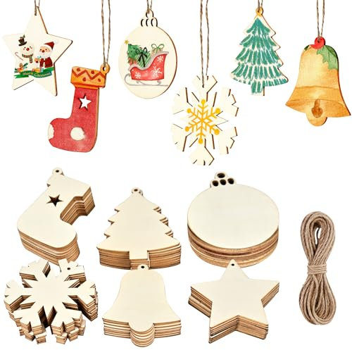 Fuyuleyo 60Pcs Wooden Baubles Christmas Decorations, Natural Christmas Ornaments Shapes Paintable Wood Slices for Kids DIY Crafts Hanging Xmas Tree Decorations