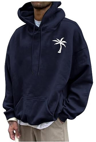 Sweatshirt Jacke Herren Pullover Herren Mit Kapuze Weihnachtspullover Herren Lustig Palm Druck Y2K Hoodie Mit Taschen Streetwear Hoody Sweatshirt Mit Kapuze Basic Männer Pullover (Marine Xxl)