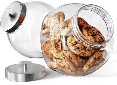 KooK Glass Penny Jars, Angled Kitchen Counter Canisters, Large Containers for Candy, Cookies and Snacks, Clear, Airtight Metal Lids, Dishwasher Safe, 74 oz, Set of 2