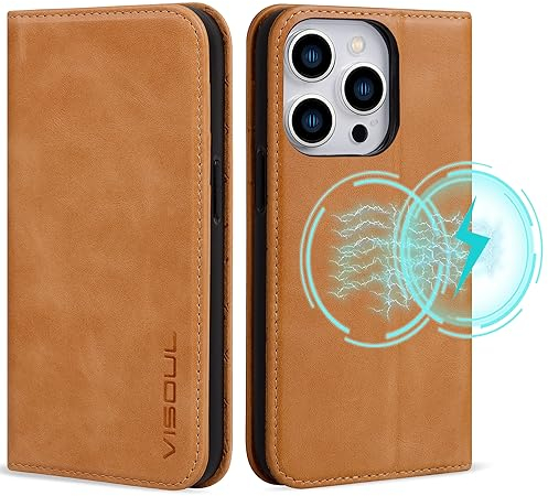 VISOUL Hülle für iPhone 15 Pro Max, Schutzhülle Echt Leder Schützt vor Stoß Kartenfach Magnetverschluss Stand klappbar handyhülle Handytasche Etui Case Gelb