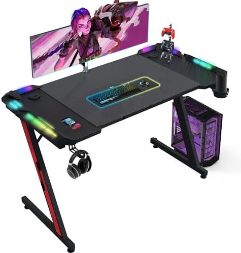 Devoko Gaming Tisch mit LED 120x60 cm, Gaming Schreibtisch Z-Frame, Ergonomischer Gamer PC Tisch mit Getränkehalter, Kopfhörerhaken, Stabiler Computertisch, Schwarz