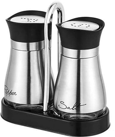 2 Pcs Salt Pepper Shakers Set - Salt Dispenser with Holder, Stainless Steel and Glass Container, Refillable Condiment Pots for Kitchen and Barbecue, Stainless Steel (Silver)